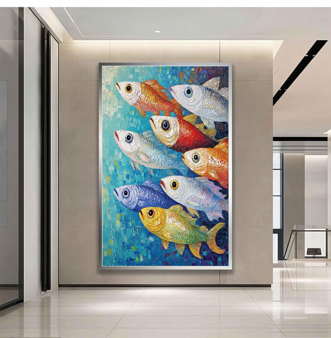 Colorful Impasto School Of Fish Swimming Painting Coastal Wall Art - Image 3