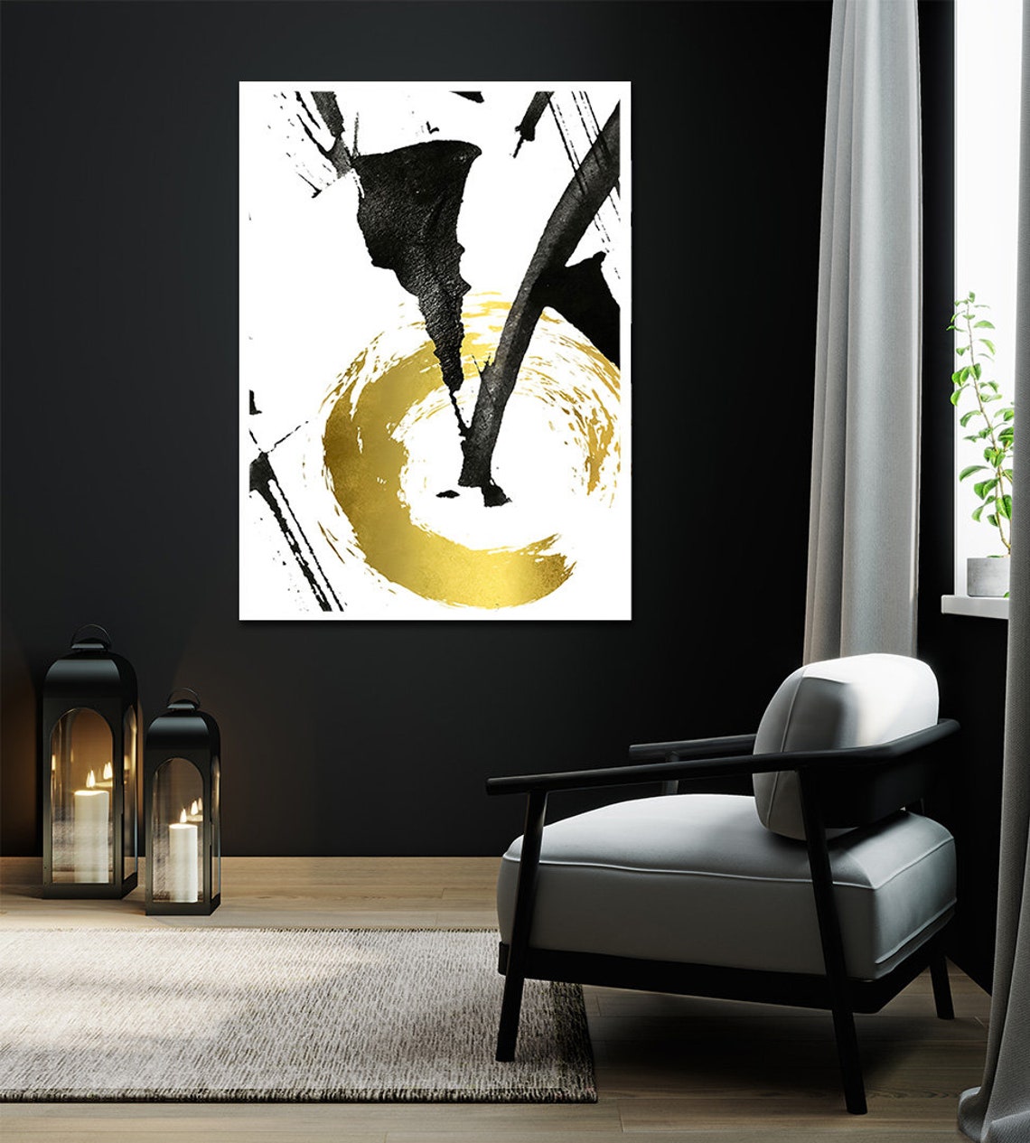 Black Gold Abstract Brushstroke Circle Modern Minimalist Wall Art - Image 2