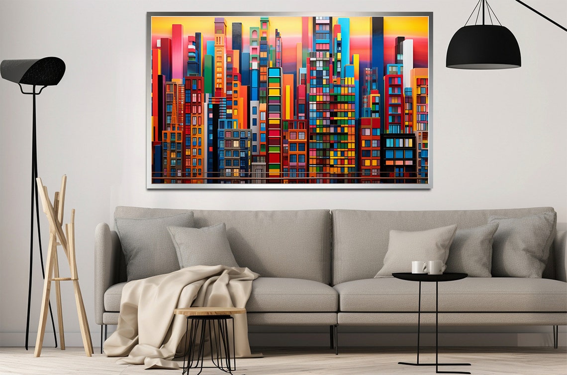 Colorful Abstract City Skyline Block Buildings Sunset Wall Art - Image 2