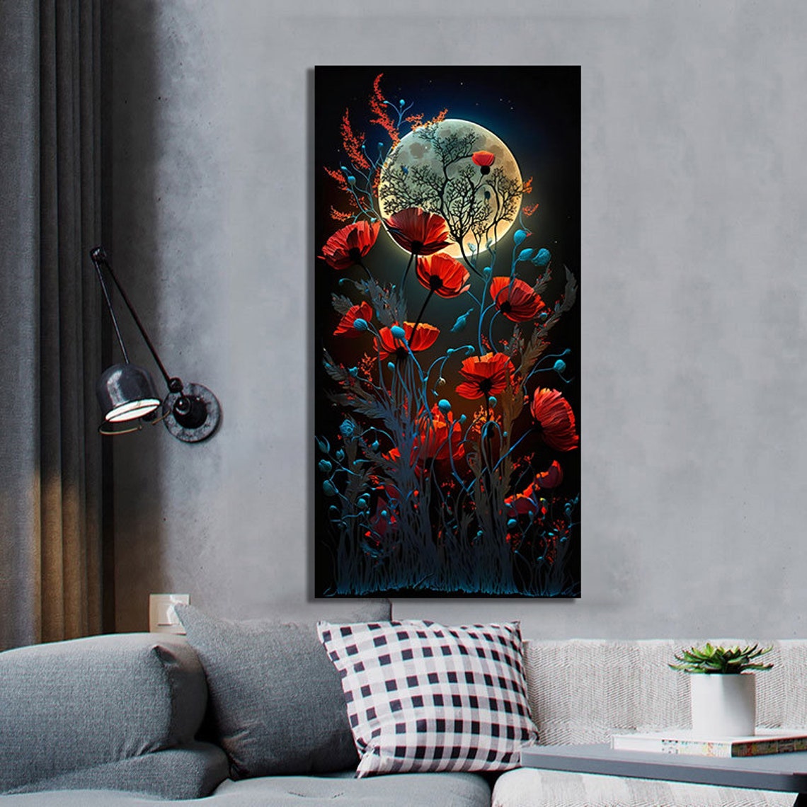Red Poppies Full Moon Night Garden Painting Panoramic Floral Wall Art - Image 2