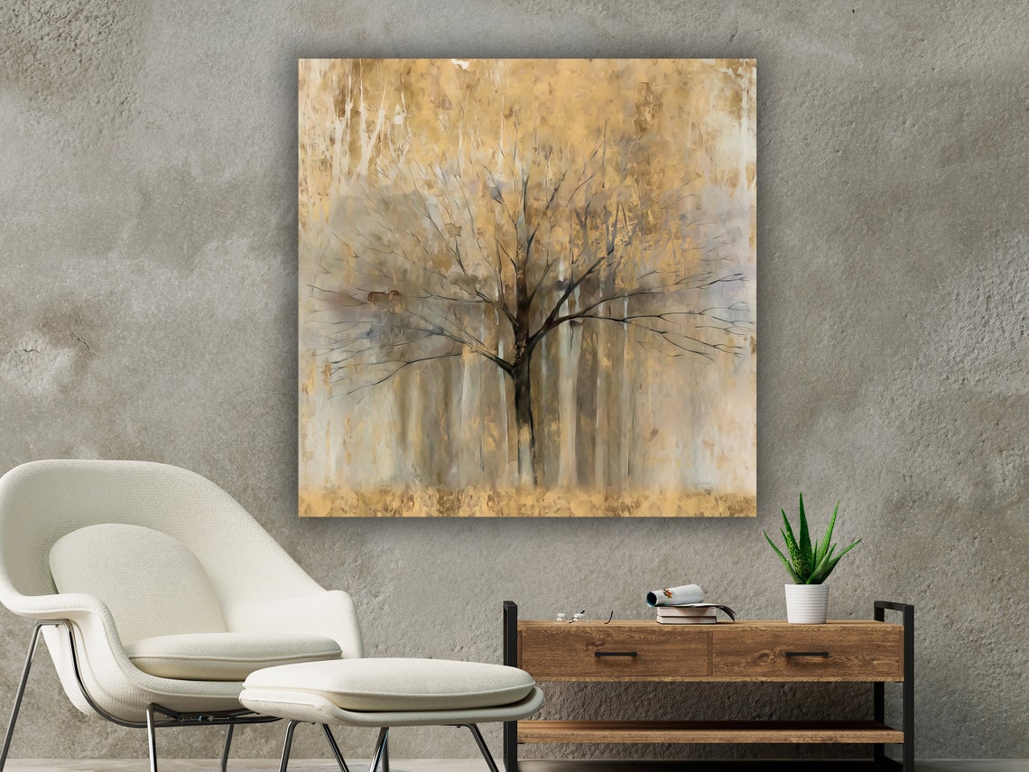 Abstract Gold Tree Bare Branches Warm Neutral Modern Art Print - Image 2