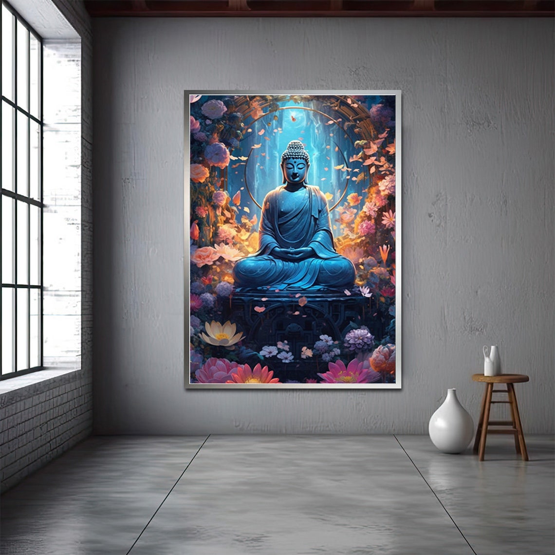 Blue Buddha Falling Flowers Dream Waterfall Meditation Wall Art Print - Image 2