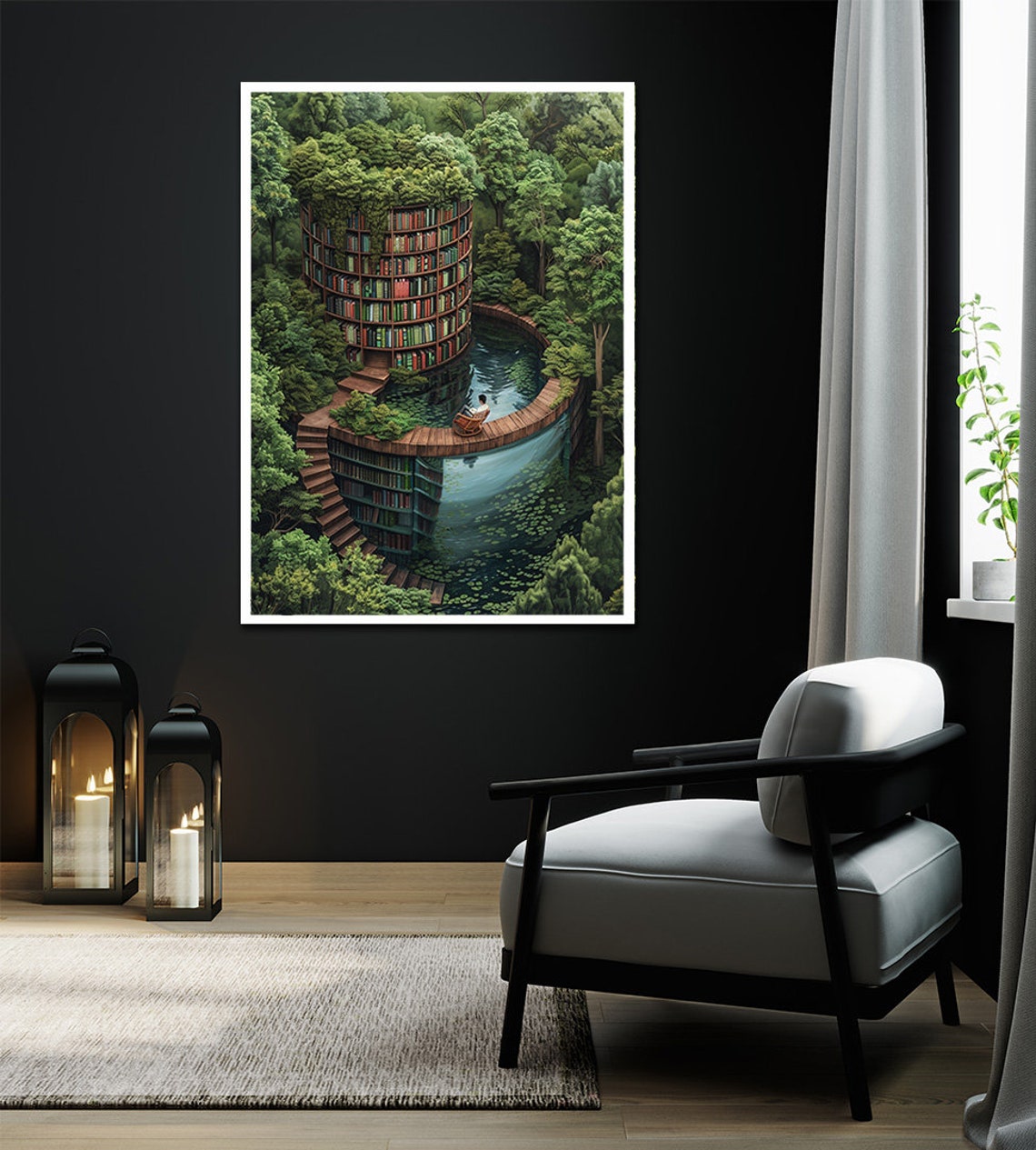 Surreal Forest Library Tower Bookshelf Dream Lake Reading Nook Poster - Image 2