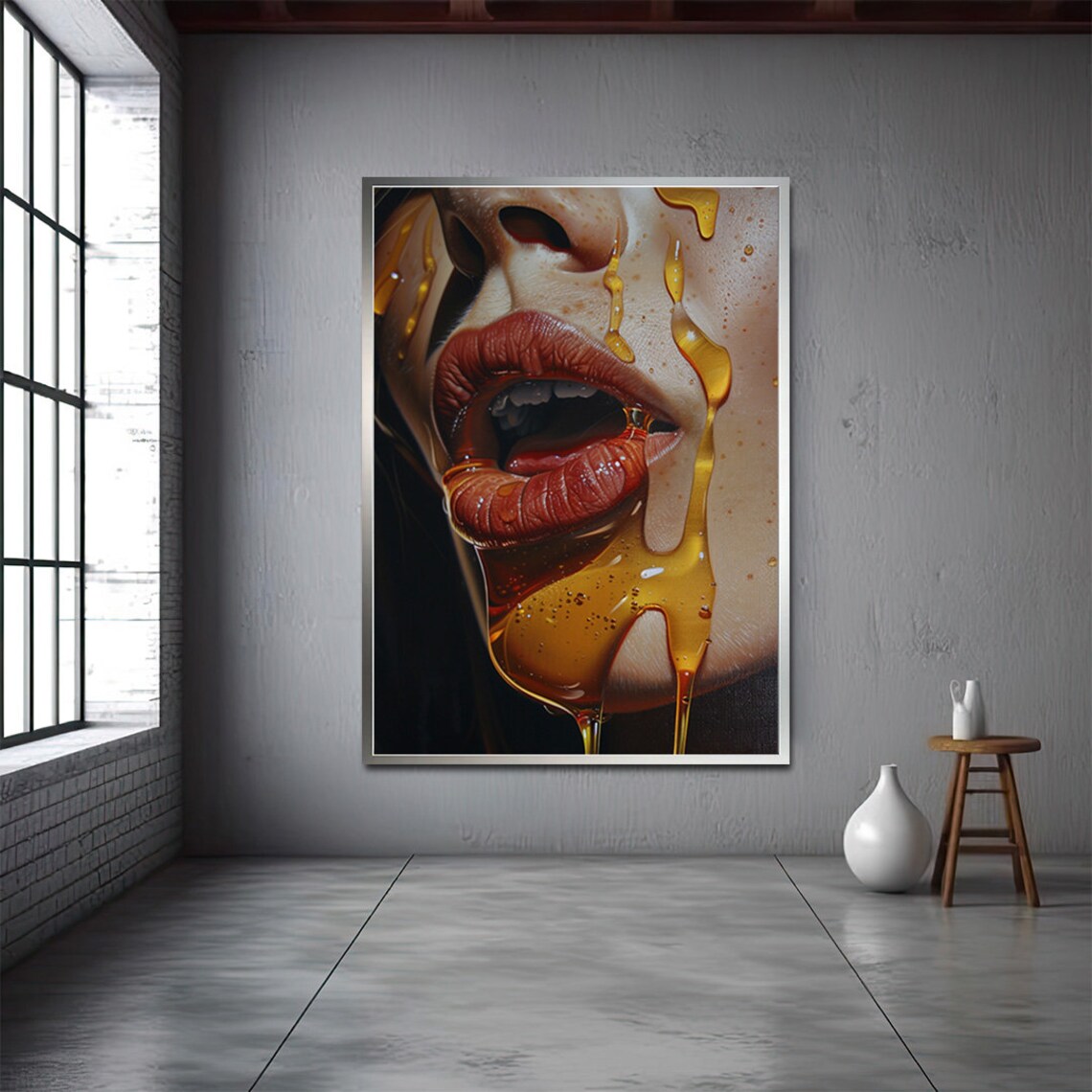 Woman's Lips Close Up with Dripping Golden Syrup Sensual Oil Poster - Image 3