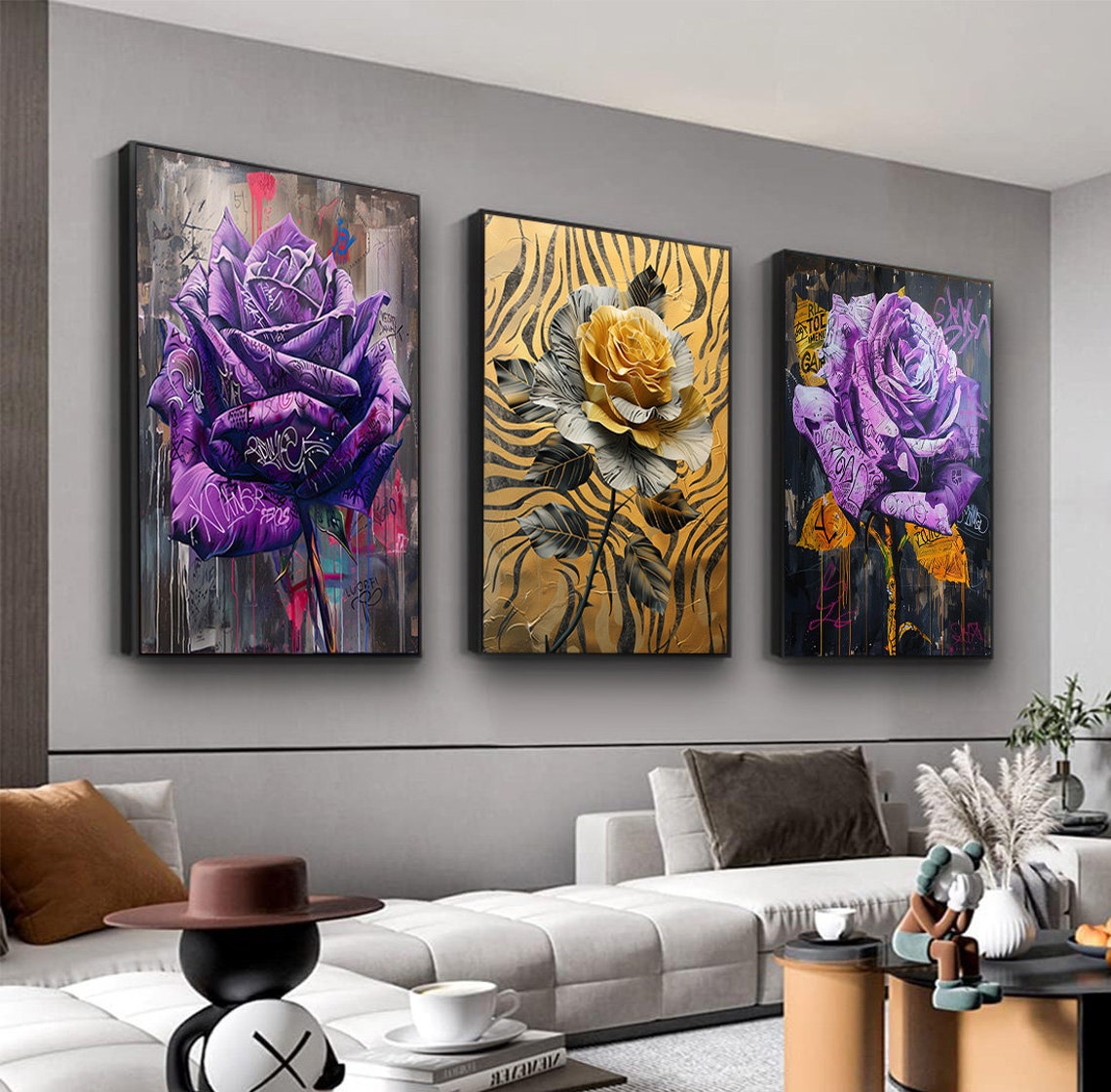 Purple Gold Graffiti Roses Trio Canvas Set Wall Decor Poster