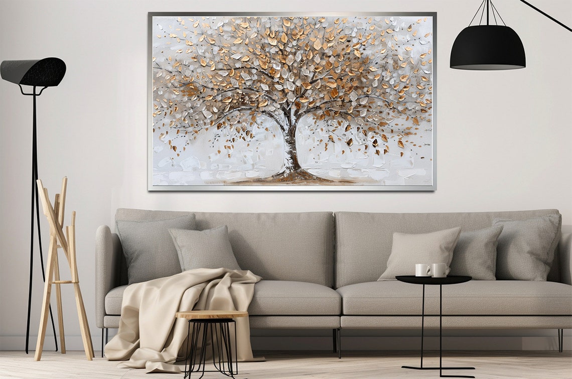 Golden Tree with White and Gold Leaves Light Neutral Nature Art Poster - Image 2