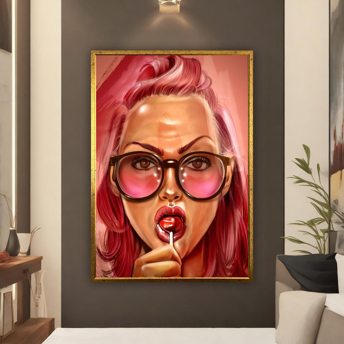 Candy Licking Girl Painting Hippie Girl Art With Peaked Hair Pop Art Women Painting Colorful Girl Wall Decor - Image 2
