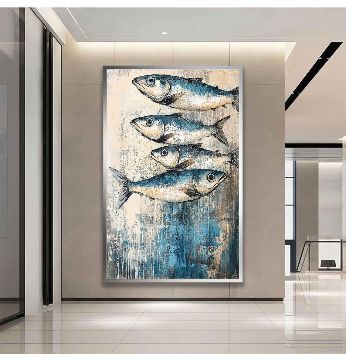 Four Blue Sardines On Textured Beige Rustic Coastal Fish Art Print - Image 3