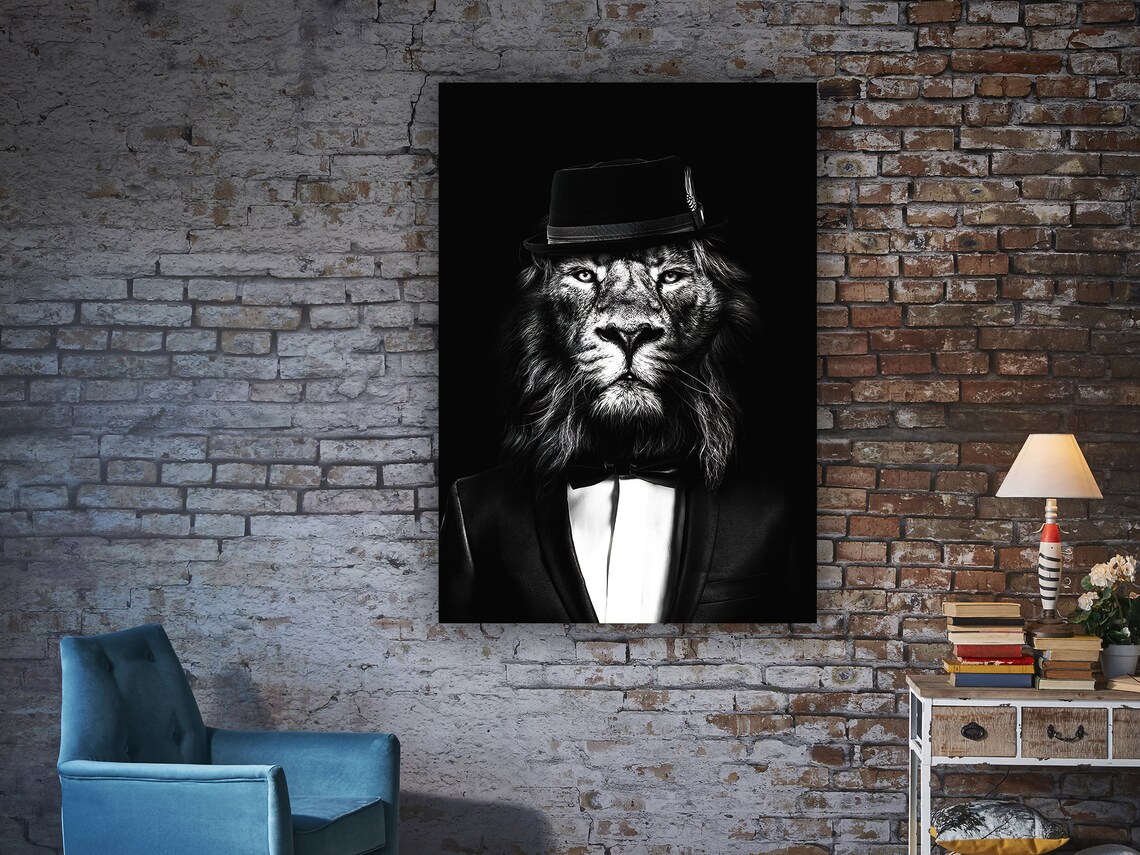 Lion In Suit And Hat Black White Funny Animal Portrait Poster - Image 2