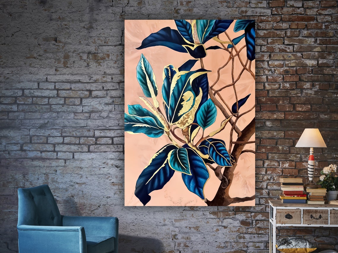 Teal Blue Leaves Gold Accents Blush Background Botanical Art Poster