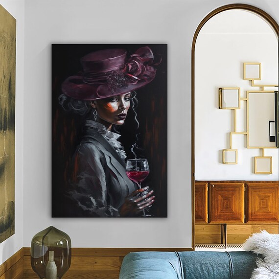 Woman in Burgundy Hat with Red Wine Glass Dark Moody Portrait Art Poster