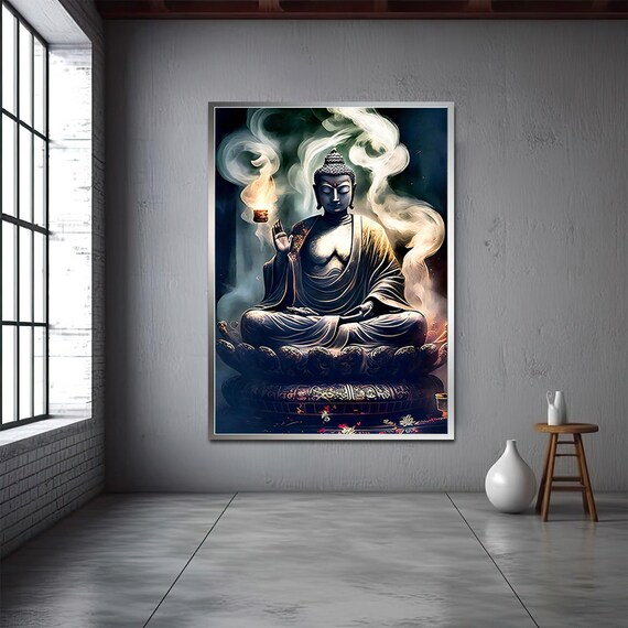 Dark Buddha Incense Smoke Lotus Throne Mystical Meditation Wall Art
