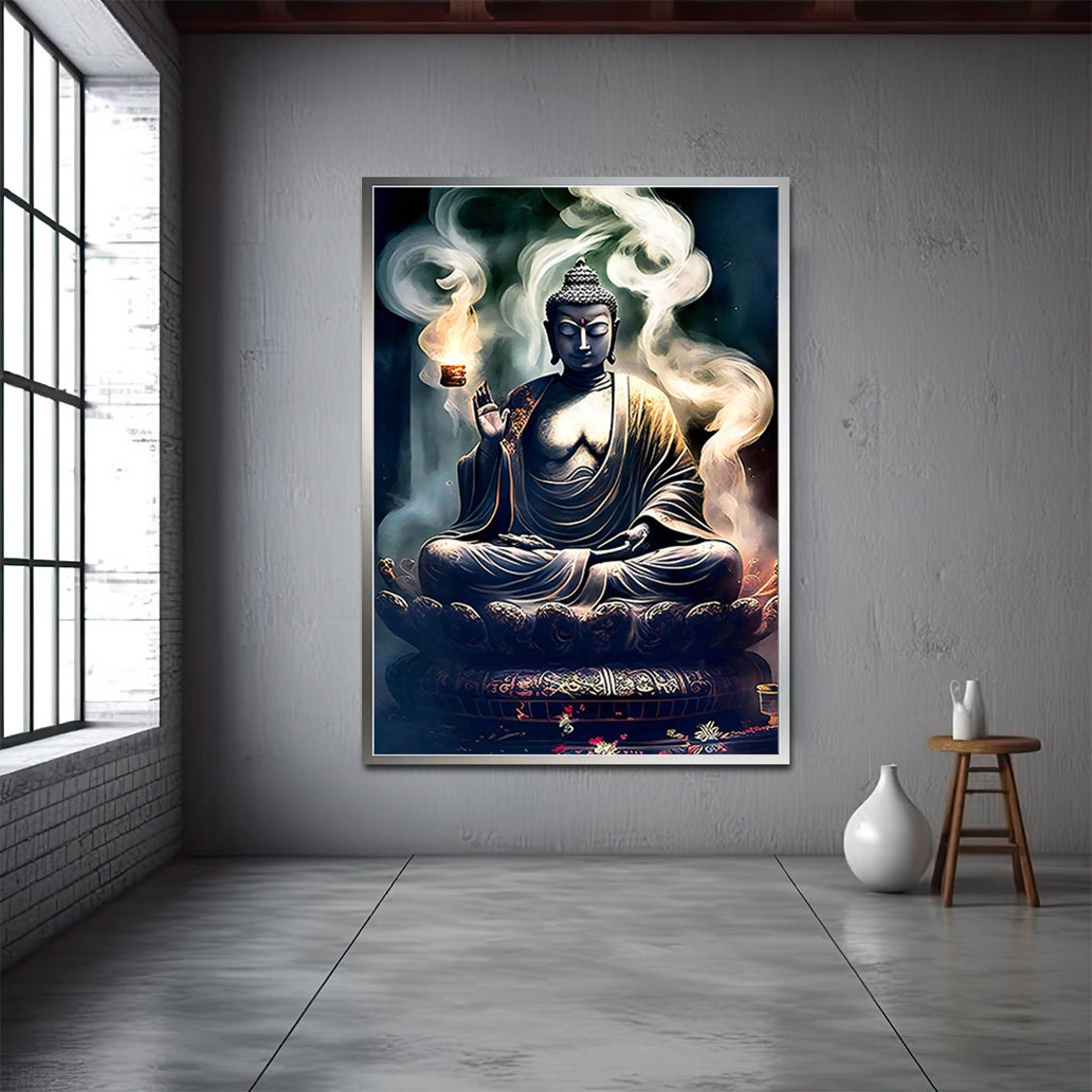 Dark Buddha Incense Smoke Lotus Throne Mystical Meditation Wall Art