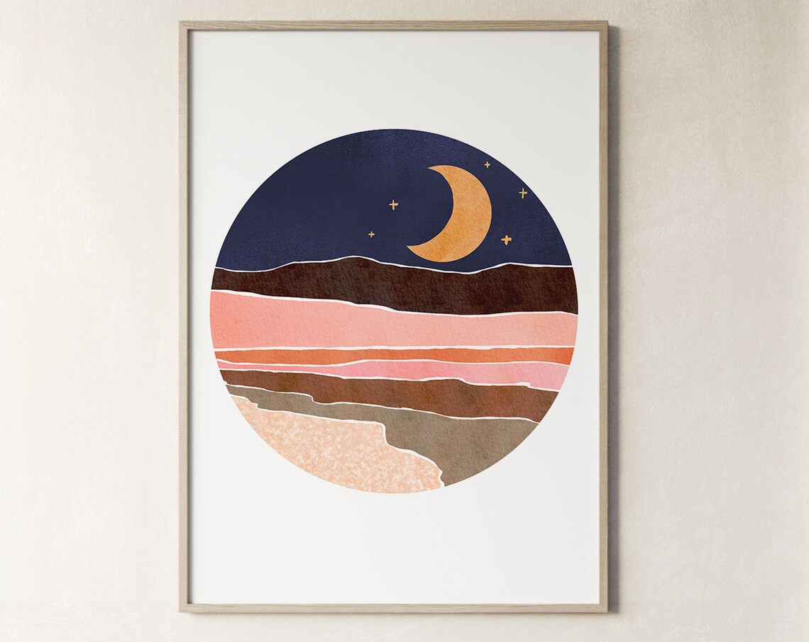 Golden Crescent Moon Starry Night Desert Dunes Circle Poster - Image 3