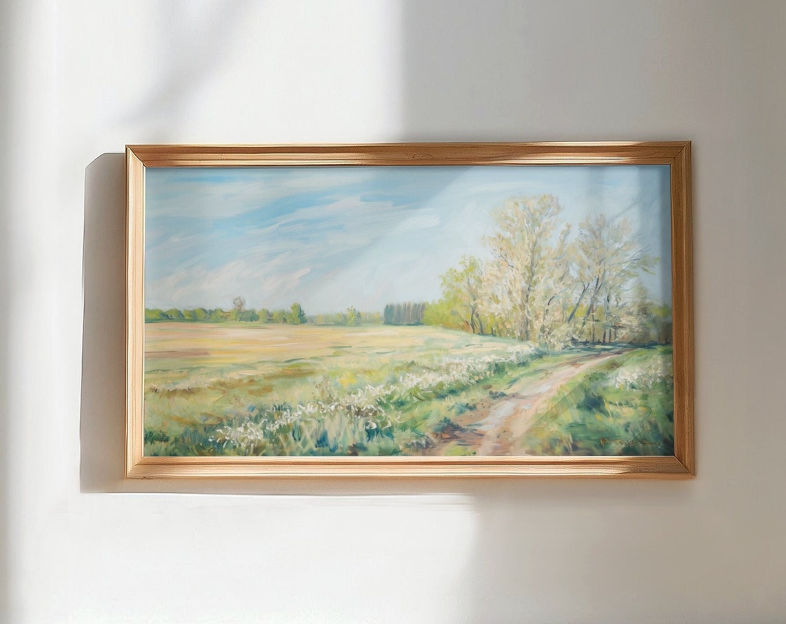 Country Path Blooming Trees Spring Countryside Painting Poster - Image 2