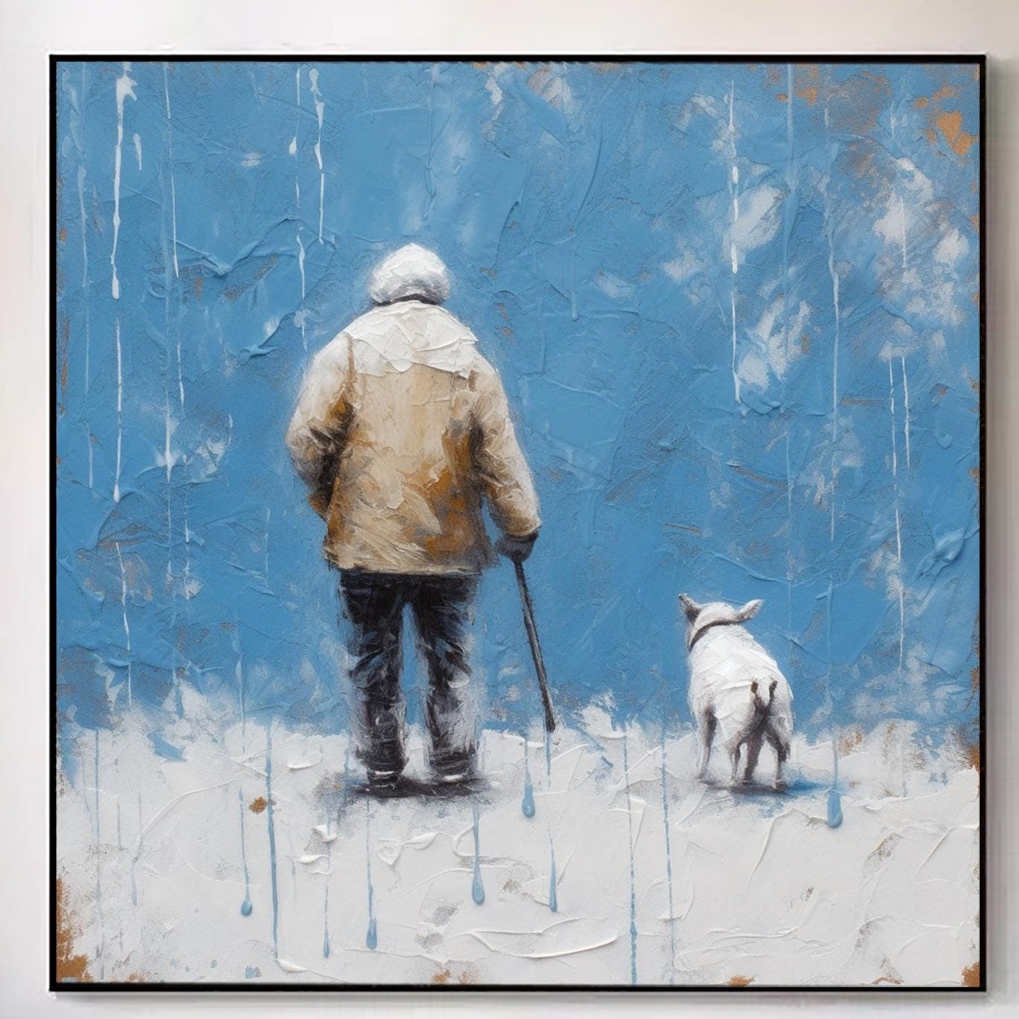 Man And Dog Walking In The Snow Man And Dog Snow Scene Art Original Old Man And The Dog Painting Painting On Antique Snow Painting - Image 4