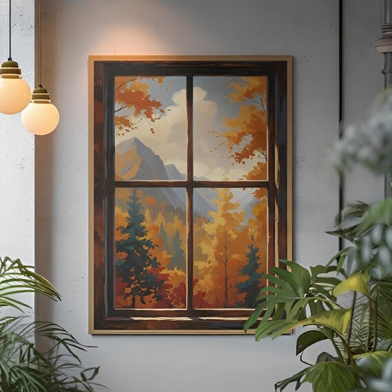 Autumn Window View Wall Art Cozy Fall Landscape Poster Rustic Decor Seasonal Home Print