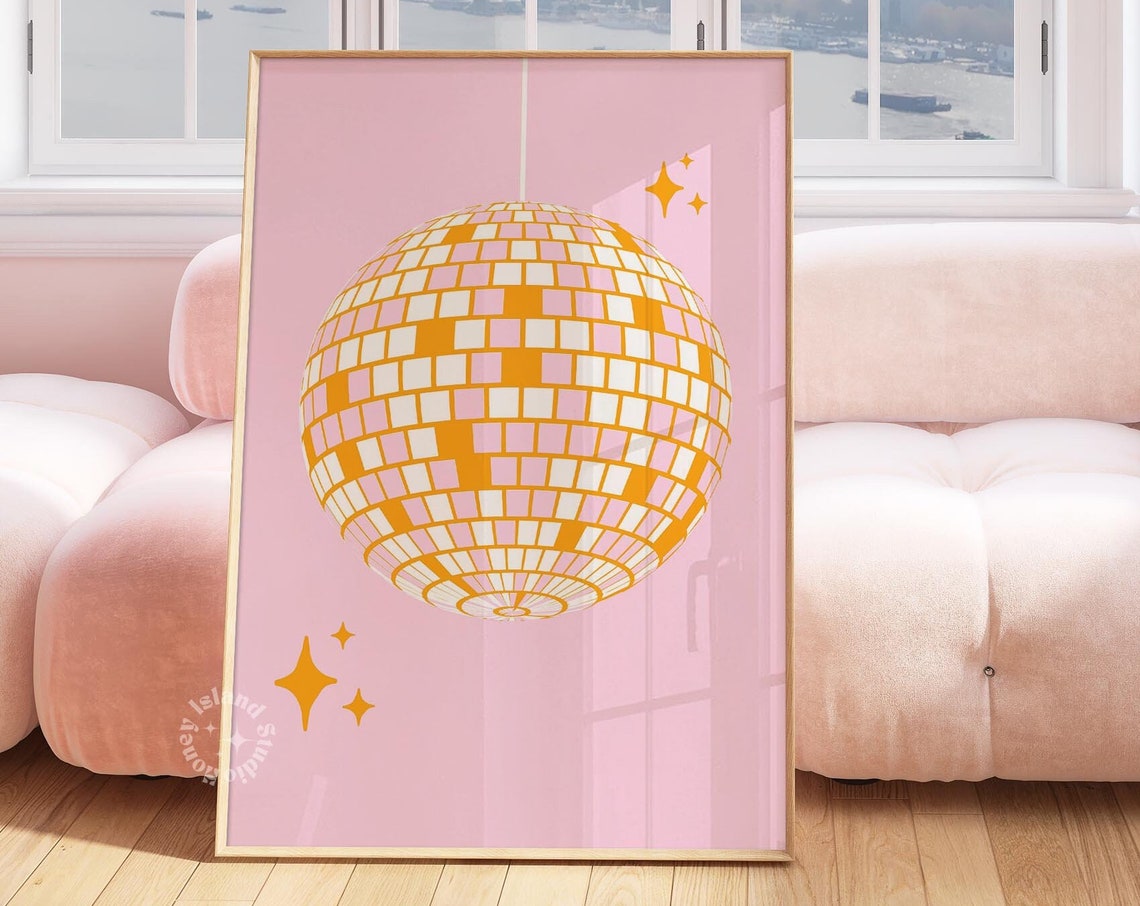 Gold Disco Ball Pink Preppy Dorm Retro Party Decor Art Poster