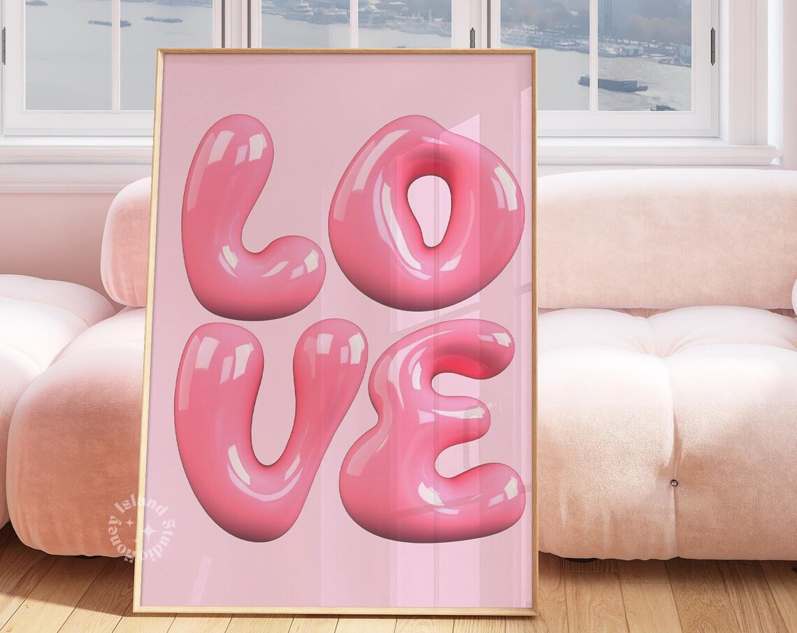 Love Sweet Pink 3D Bubble Letters Y2K Typography Wall Art Cute