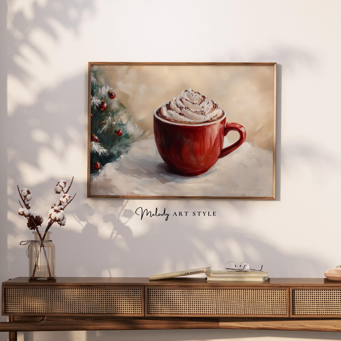 Cozy Red Mug Hot Cocoa Whipped Cream Snow Christmas Art Poster - Image 2