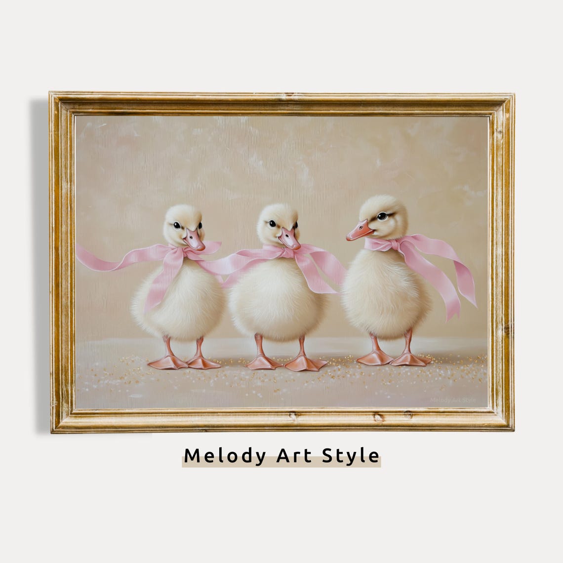 Three Fluffy Ducklings With Pink Bows Coquette Nursery Wall Art