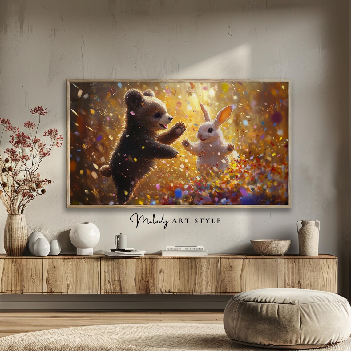 Bear And Bunny Party High Five Confetti Cute Animal Friends Art Poster - Image 2