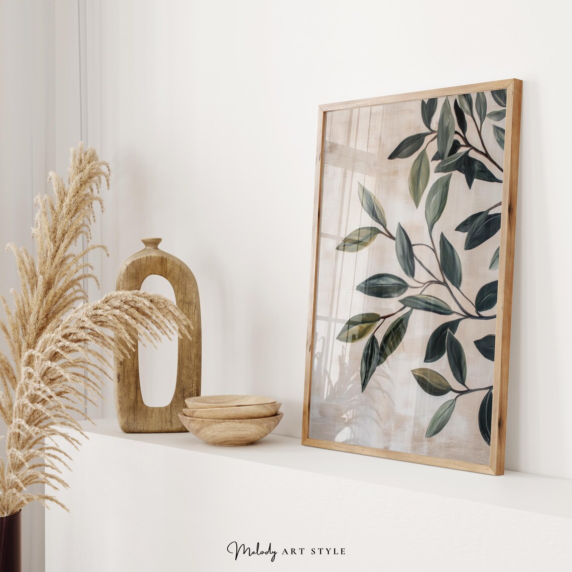 Minimalist Green Leaf Branch Botanical Neutral Nature Wall Art Poster - Image 2