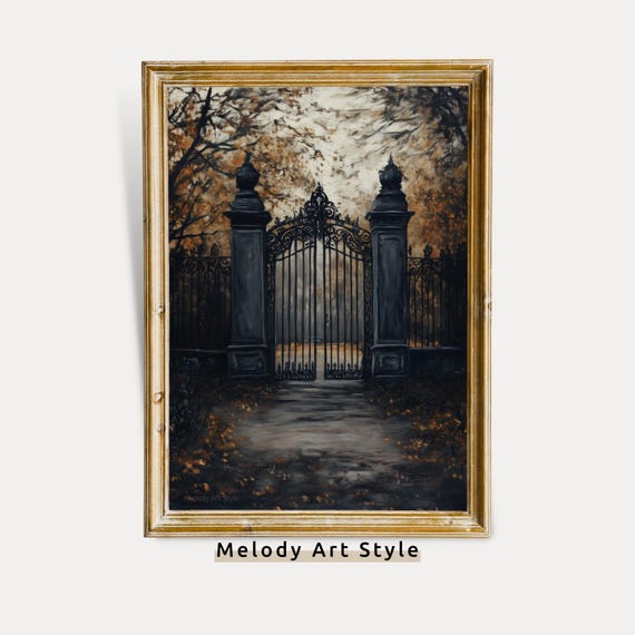Gothic Haunted Gate Wall Art Spooky Halloween Forest Path Decor Dark Autumn P673