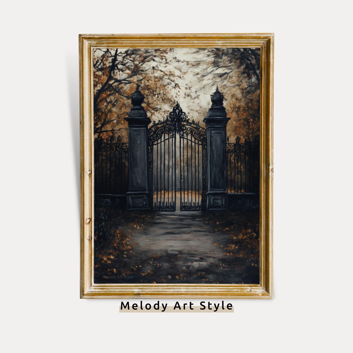 Gothic Haunted Gate Wall Art Spooky Halloween Forest Path Decor Dark Autumn P673