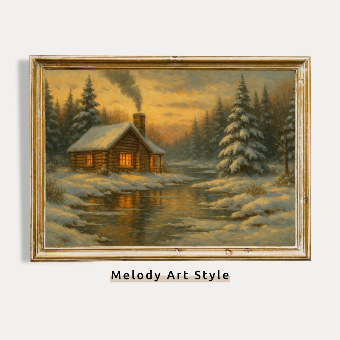 Winter Cabin With Lit Windows By A Snowy River Sunset Poster