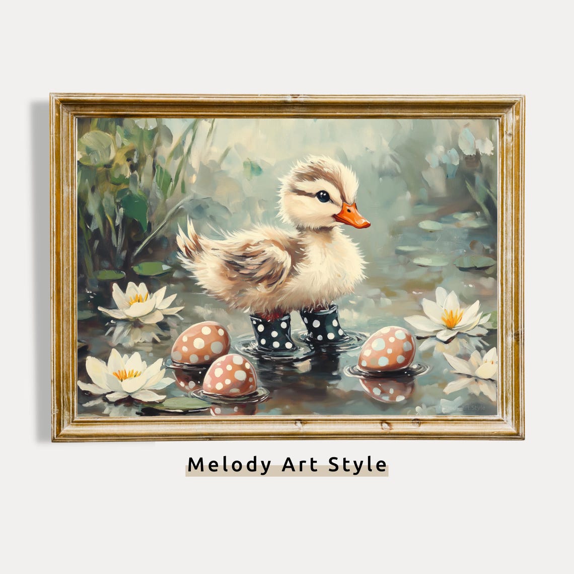 Duckling In Polka Dot Boots Among Water Lilies Cute Spring Art Poster