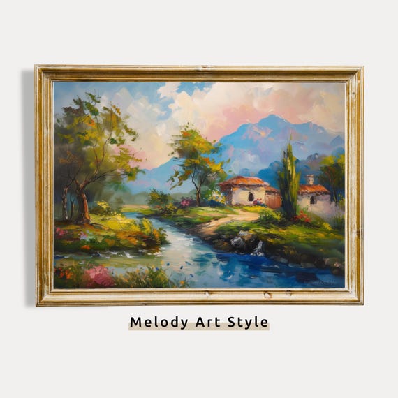 Spring Landscape Painting Vintage Wall Art Rustic Cottage Oil Painting Farmhouse Wall Art Poster Print P51