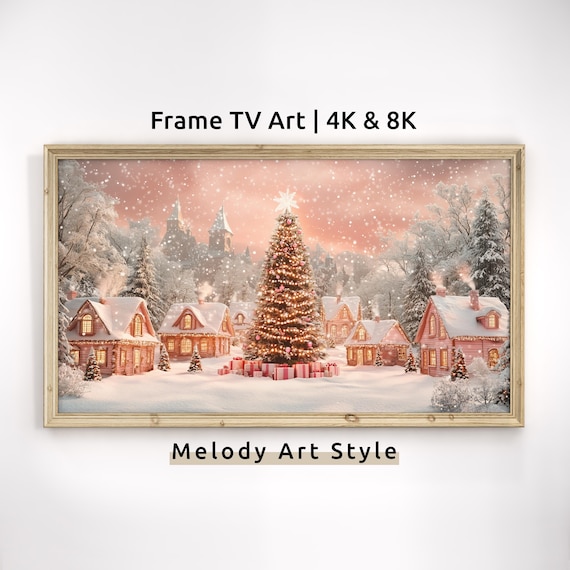 Pink Christmas Village With Tree Frame TV Art Holiday Wonderland Poster