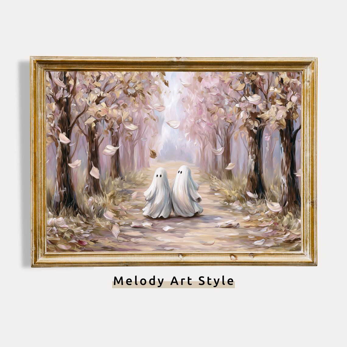 Whimsical Ghosts Pink Autumn Forest Path Art Print