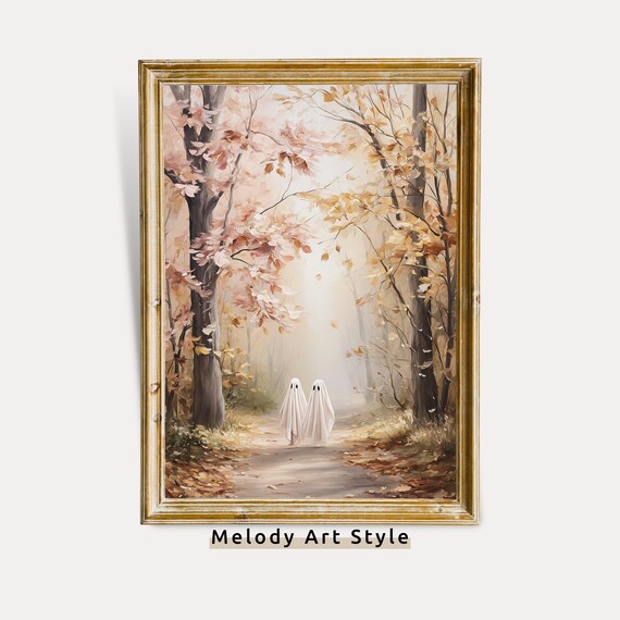 Cute Ghosts Walking In Autumn Forest Whimsical Halloween Wall Art Fall Pathway Print Decor P627
