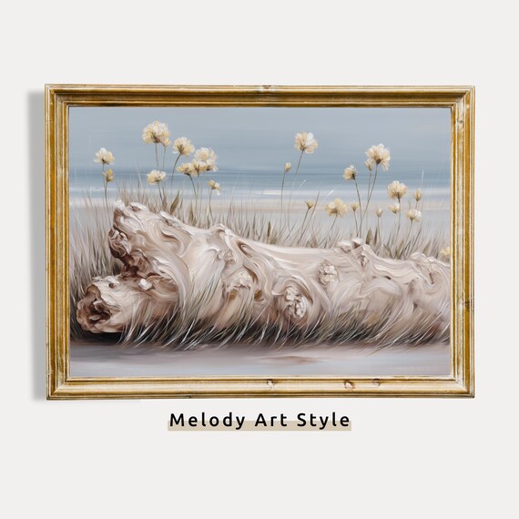 Coastal Driftwood With Beach Grass And Yellow Wildflowers Seaside Painting Poster