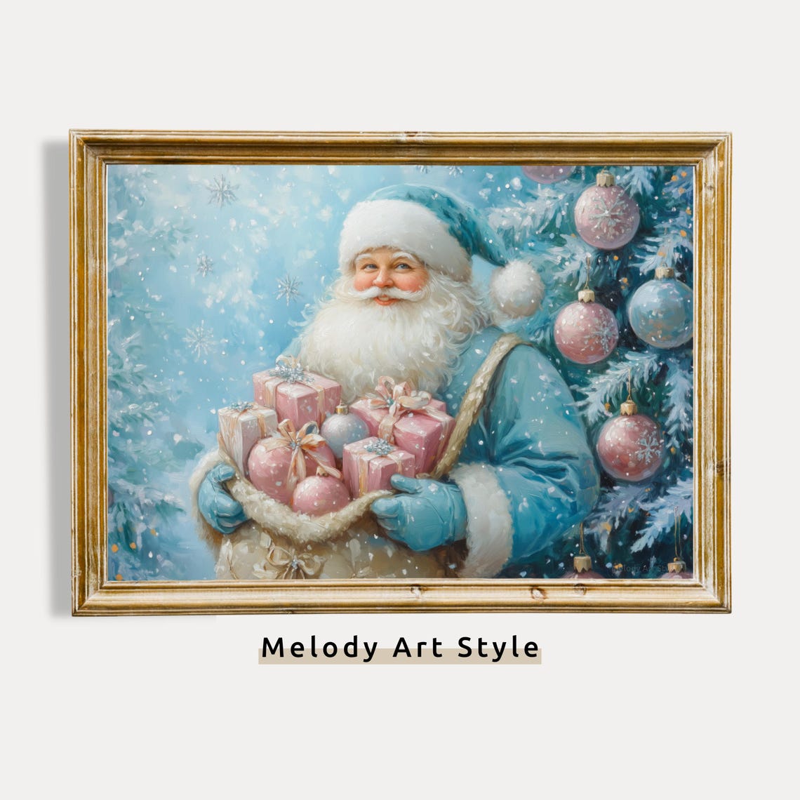 Blue Santa Claus With Gifts Wall Art Festive Christmas Oil Painting Holiday Winter Print Novy God P297