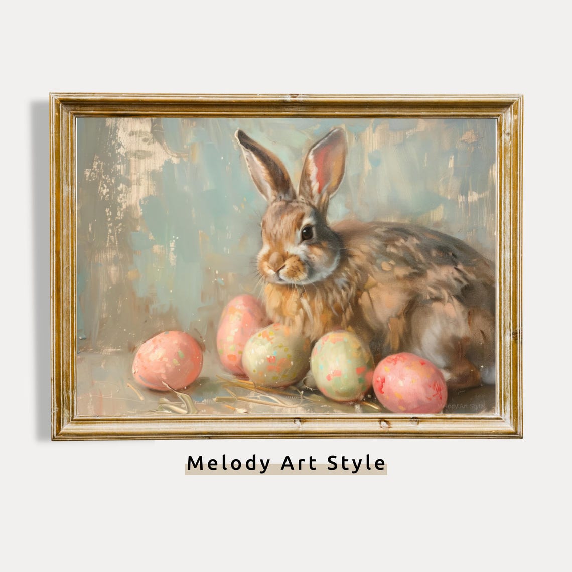 Rustic Bunny With Pastel Painted Easter Eggs Vintage Spring Wall Art