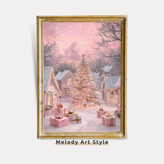 Pink Christmas Village Holiday Art Print, Winter Wonderland