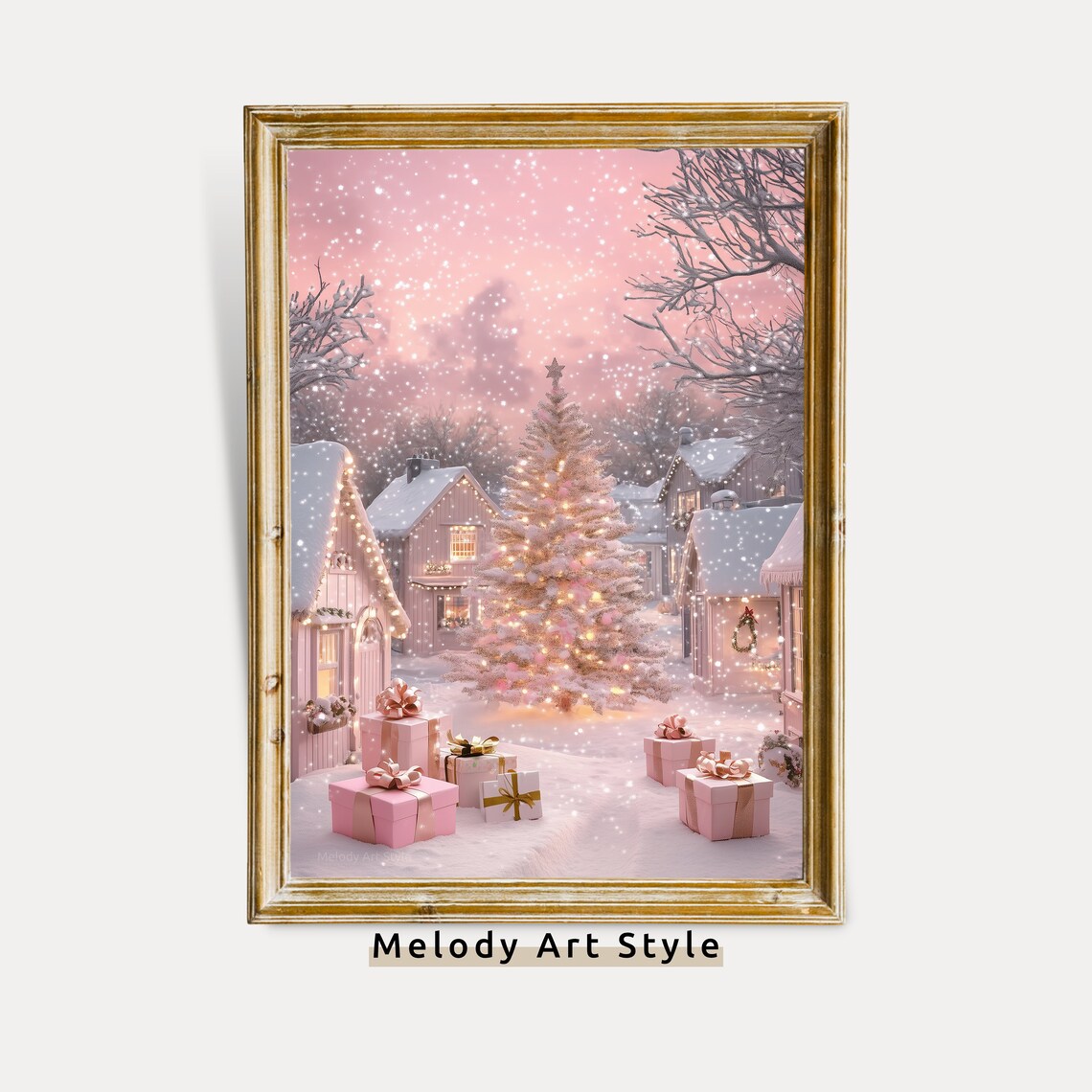 Pink Christmas Village Holiday Art Print, Winter Wonderland
