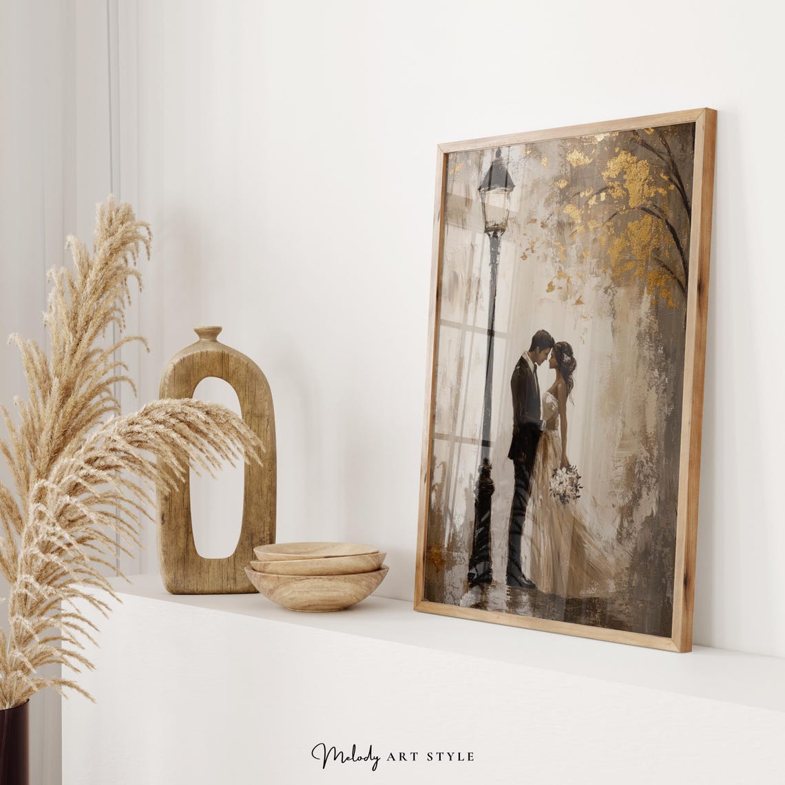 Romantic Wedding Couple Wall Art Bride And Groom Portrait Post Print Decor Love Gold And Beige Art Instant P343 - Image 2