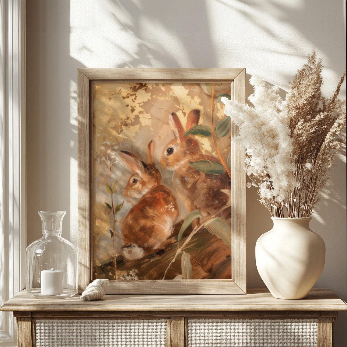 Two Brown Rabbits Golden Vintage Oil Painting Antique Art Poster - Image 2