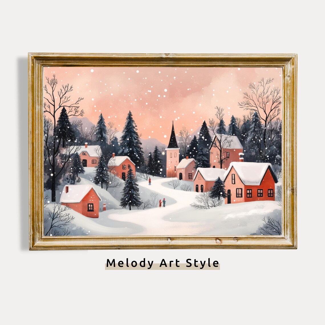 Scandinavian Snowy Village Falling Snow Pastel Winter Art Poster