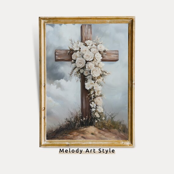 Wooden Cross Draped In White Roses Cloudy Sky Faith Art Poster
