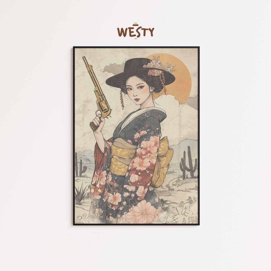 Geisha Gunslinger Japanese Western Fusion Kimono Revolver Art Poster