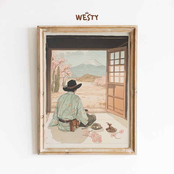 Cowboy Samurai Tea Ritual Mount Fuji Cherry Blossom Fusion Poster