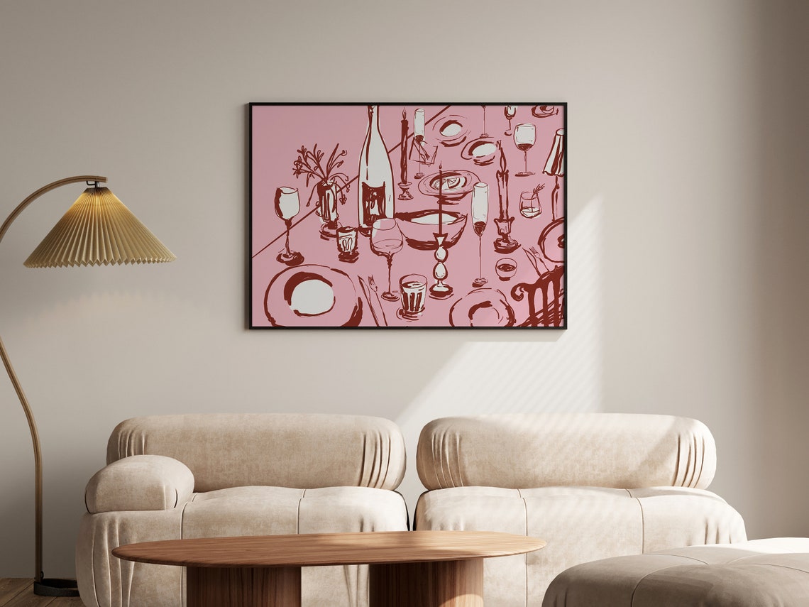 Pink Wine and Cheese Dinner Table Horizontal Illustration Poster - Image 2