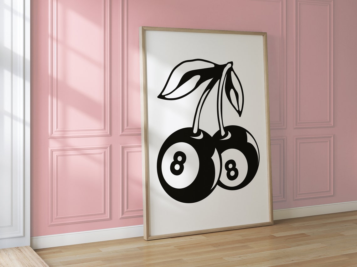 Retro 8 Ball Cherries Black and White Lucky Charm Wall Poster - Image 2