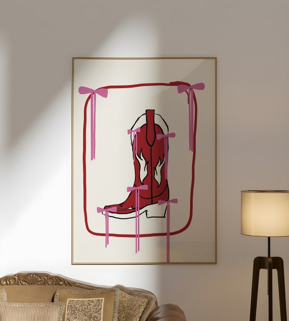 Pink Cowboy Boots And Bow Print Minimalist Southern Wall Art Girly Pink Poster Vintage Western Cowgirl Art Cute Apartment Decor Pink Bow