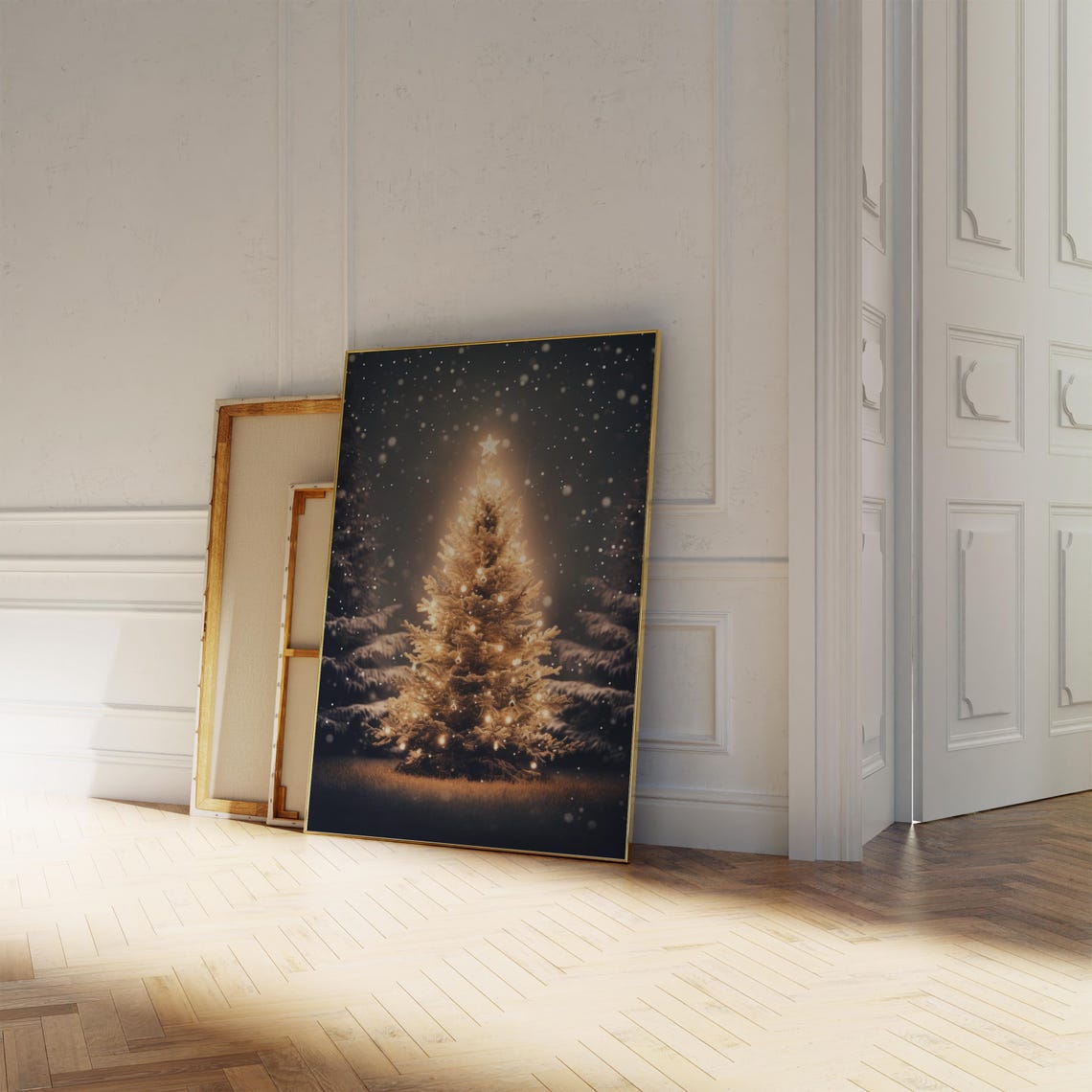 Glowing Christmas Tree With Star Falling Snow Night Glow Poster - Image 3
